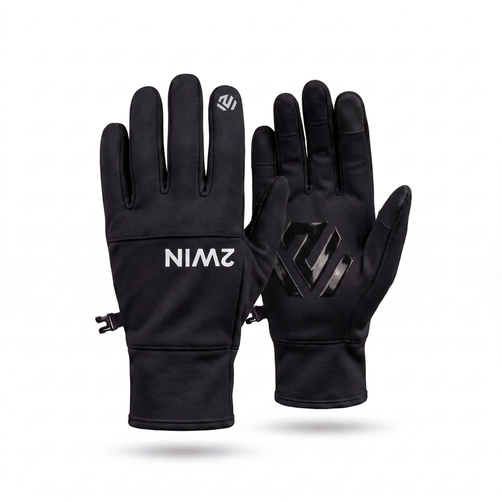 2WIN Driving Gloves — black pair, reflective wordmark and glossy hexagon palm