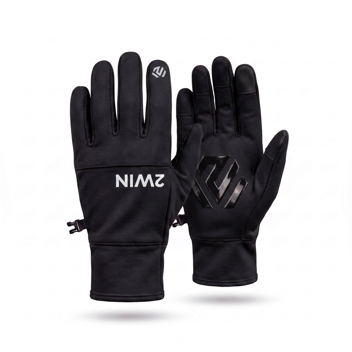 2WIN Driving Gloves — black pair, reflective wordmark and glossy hexagon palm