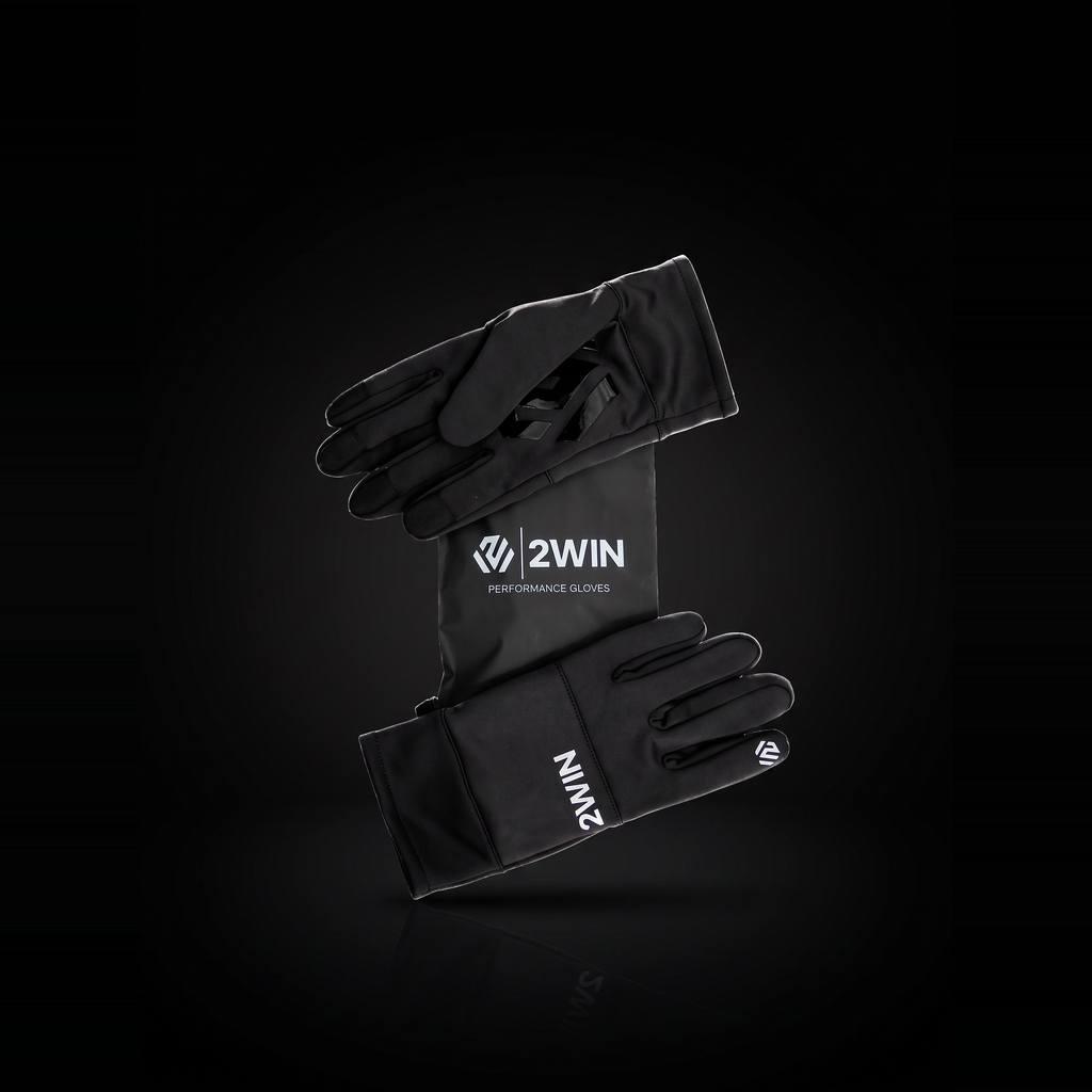 2WIN Driving Gloves and branded pouch on a black studio background