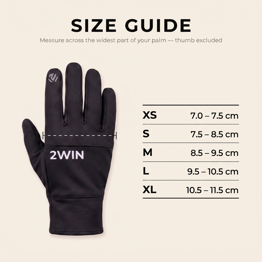 2WIN Driving Gloves size guide — measure across the widest part of your palm, thumb excluded. XS 7.0-7.5cm, S 7.5-8.5cm, M 8.5-9.5cm, L 9.5-10.5cm, XL 10.5-11.5cm