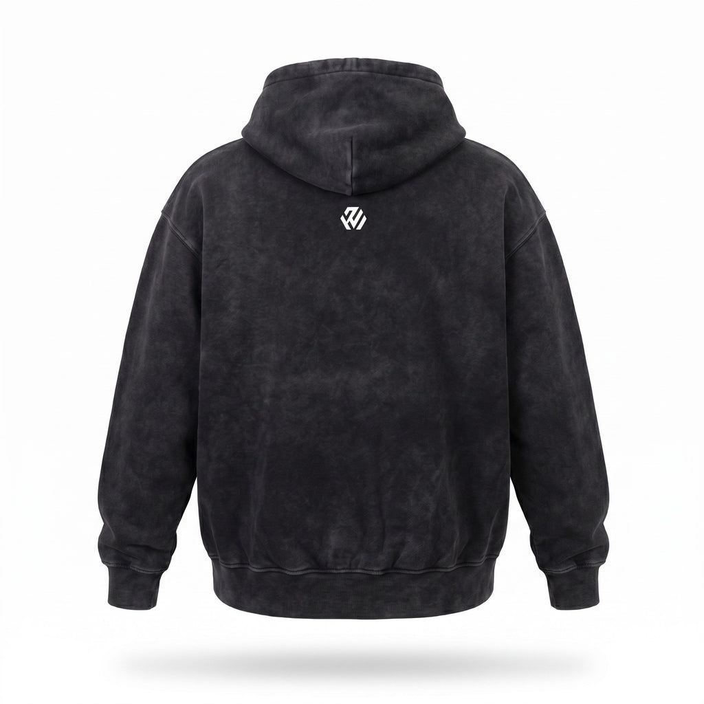 2WIN Smiley Hoodie in washed black — back view with the 2WIN icon between the shoulders