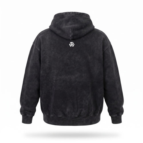 2WIN Smiley Hoodie in washed black — back view with the 2WIN icon between the shoulders