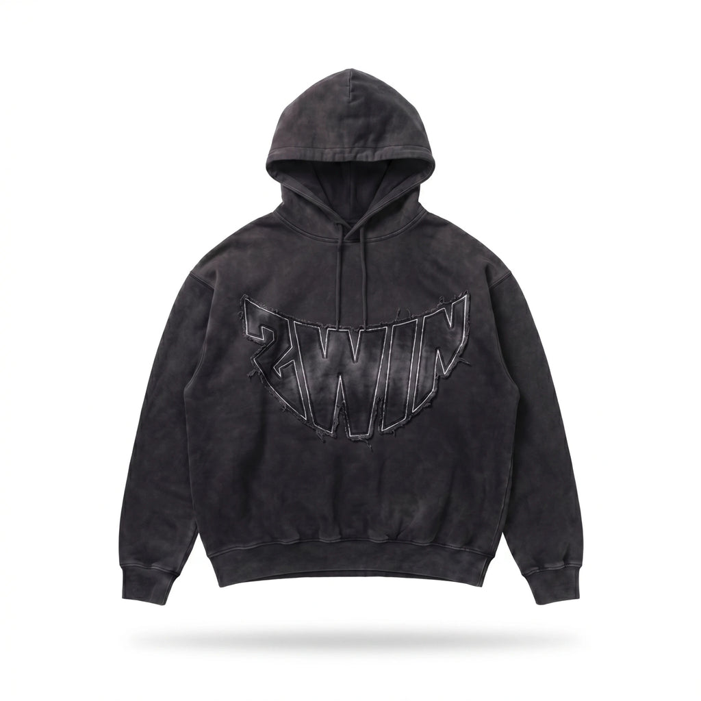 2WIN Smiley Hoodie in washed black with raw-edge 2WIN arc appliqué