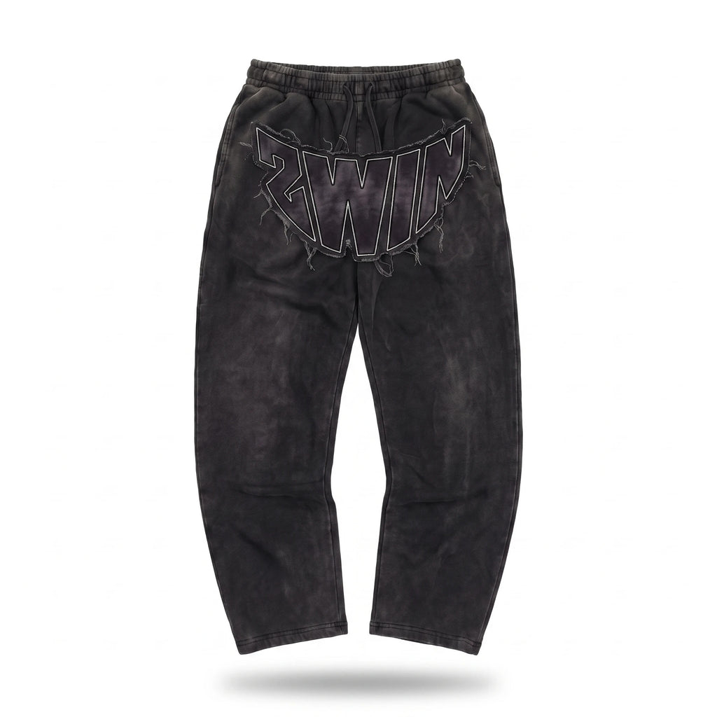 2WIN Smiley Pants in washed black with raw-edge 2WIN arc appliqué