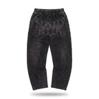 2WIN Smiley Pants in washed black with raw-edge 2WIN arc appliqué