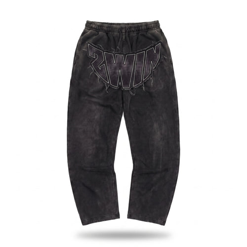 2WIN Smiley Pants in washed black with raw-edge 2WIN arc appliqué