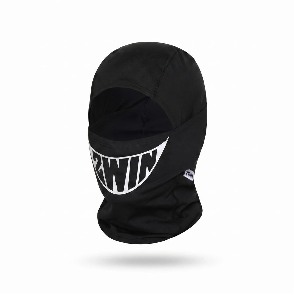 2WIN Smiley Ski Mask — black balaclava with the white 2WIN grin print