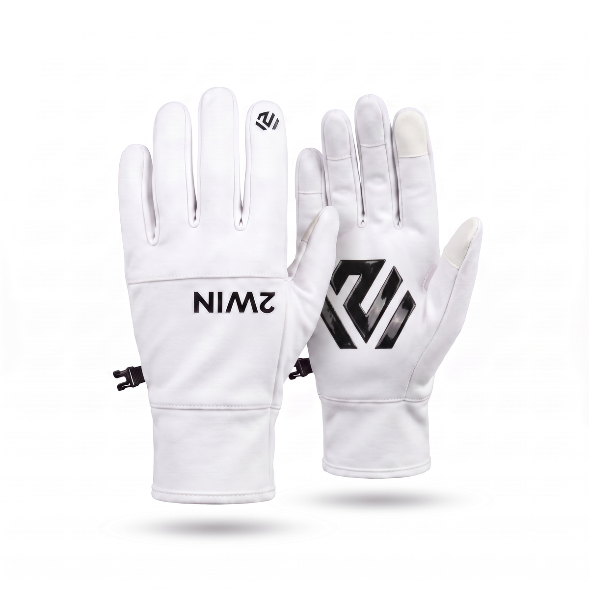 2WIN White Driving Gloves — white pair with black 2WIN wordmark