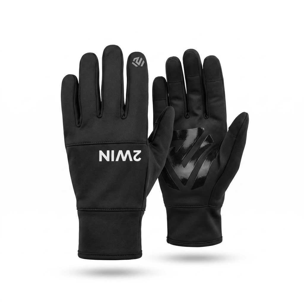 2WIN Active Performance Gloves — pair on white, back wordmark and glossy hexagon palm