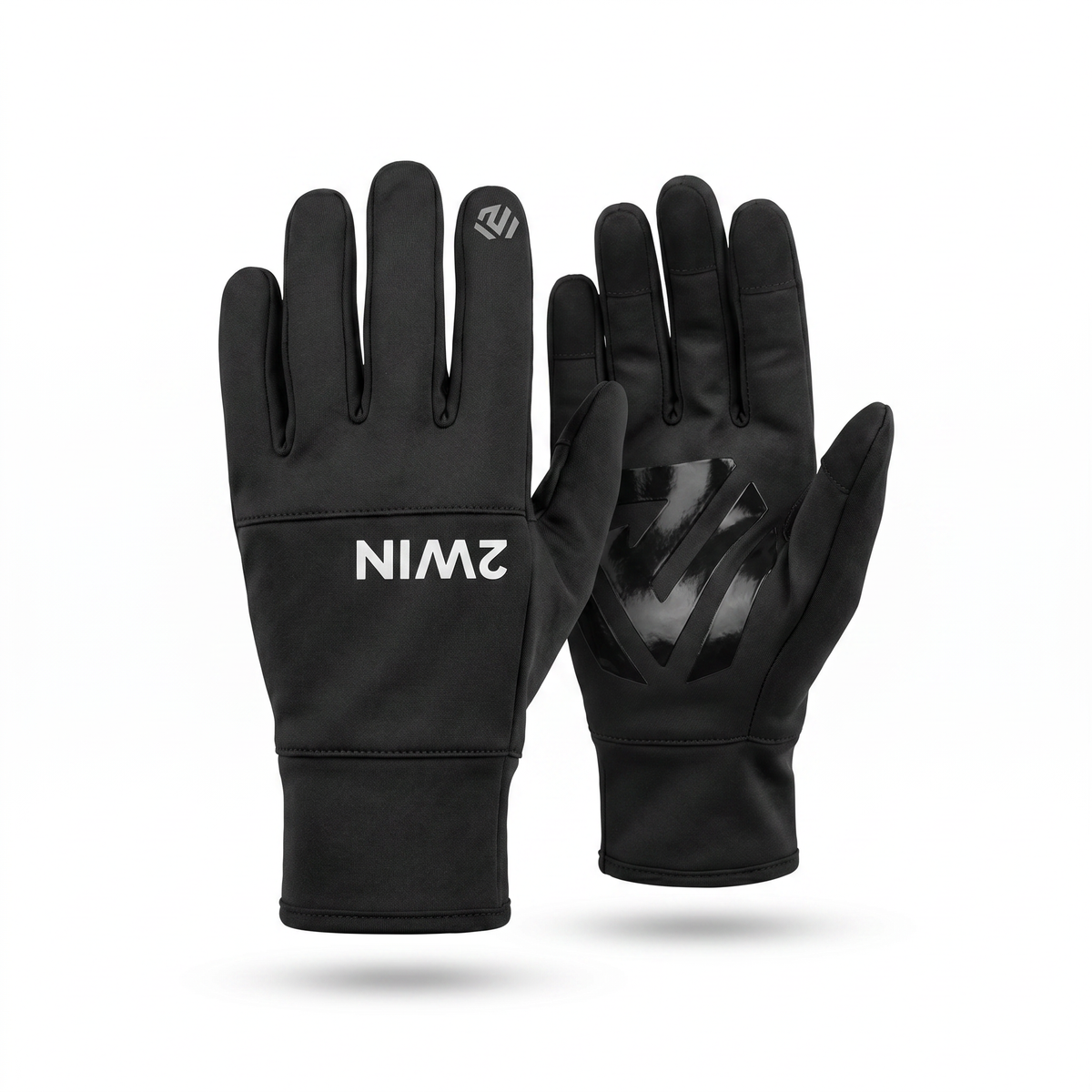 2WIN Active Performance Gloves — pair on white, back wordmark and glossy hexagon palm