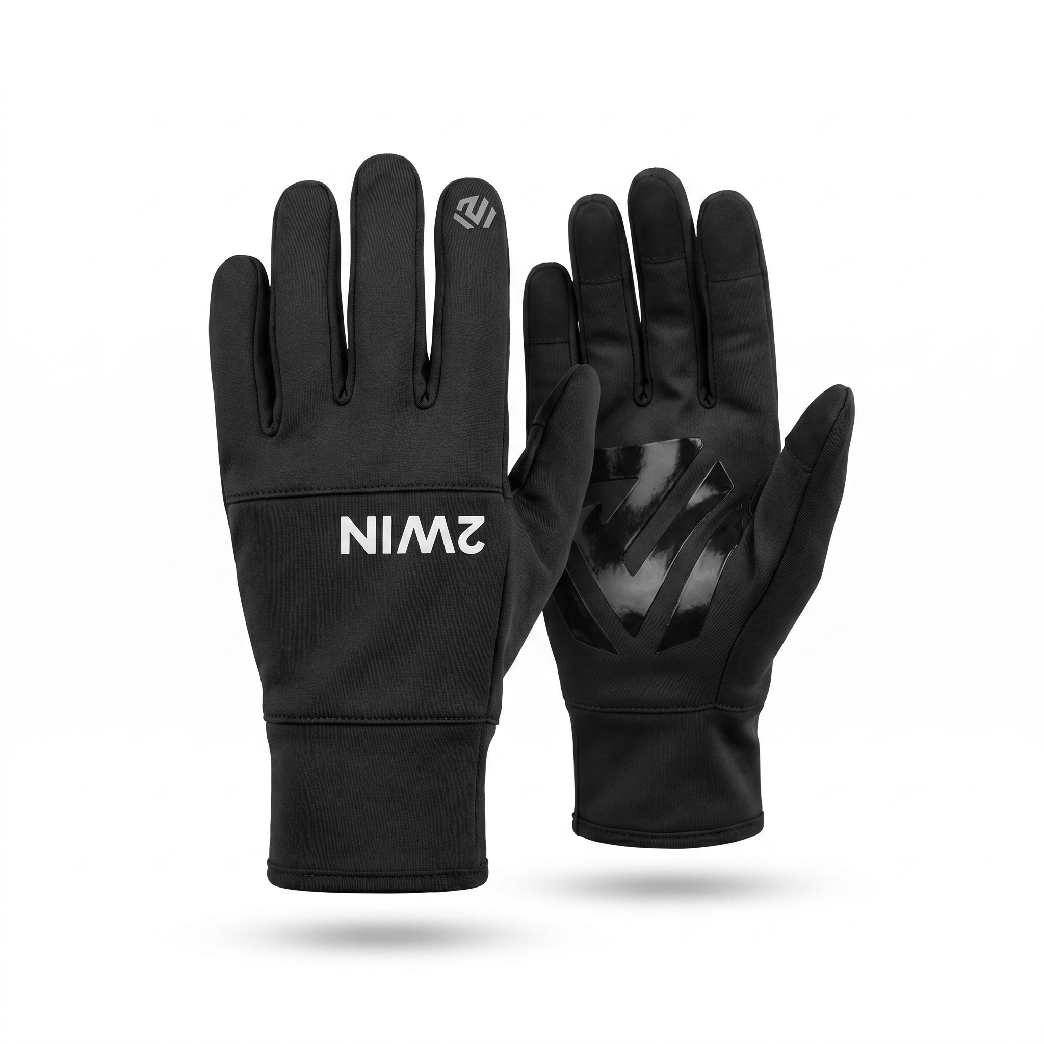 2WIN Active Performance Gloves — pair on white, back wordmark and glossy hexagon palm