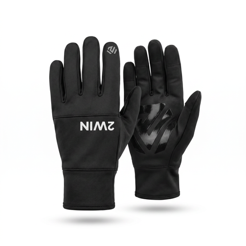 2WIN Active Performance Gloves — pair on white, back wordmark and glossy hexagon palm