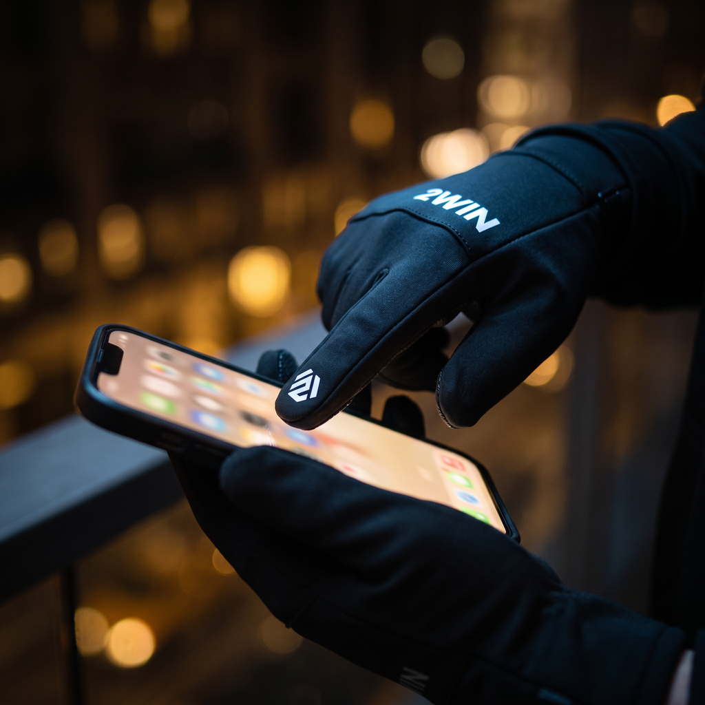 2WIN gloves texting on phone — touchscreen fingertips at night
