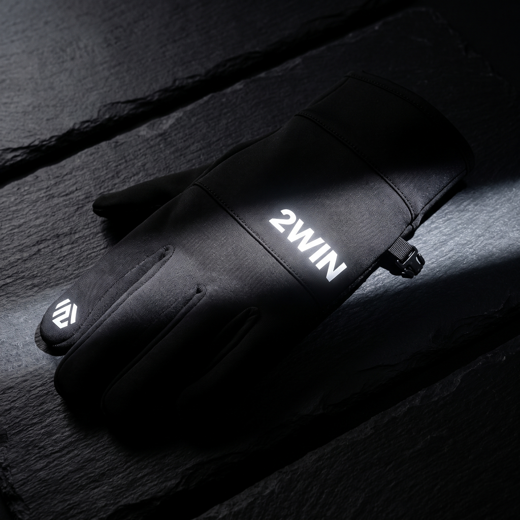 2WIN glove reflective wordmark glowing on dark slate