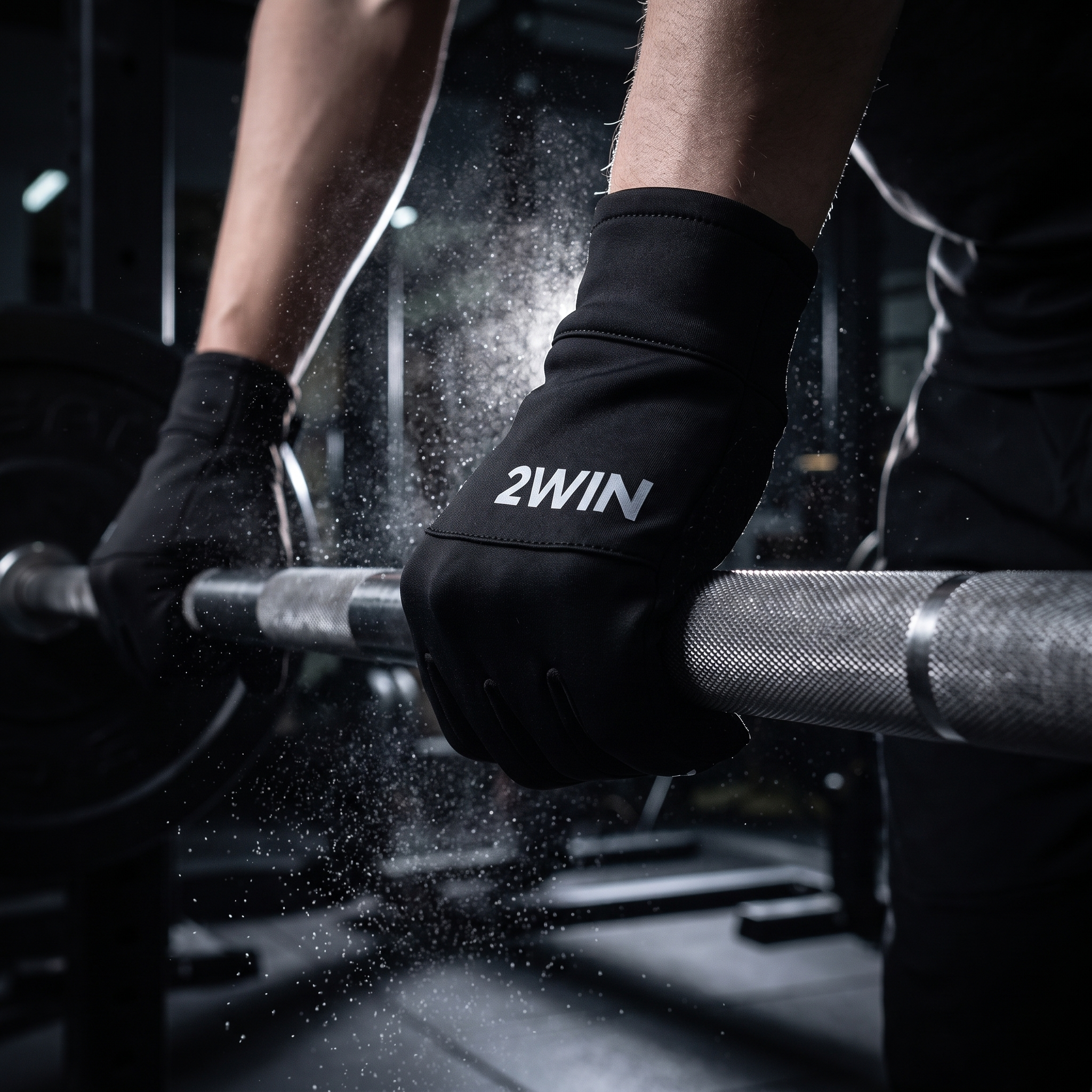 2WIN gloves gripping a barbell in the gym with chalk dust